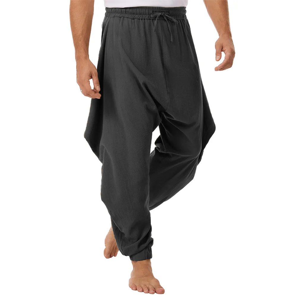 Herren Baumwoll-Leinen Haremshose Einfarbig Modische Hip-Hop Lange Hose Flying Squirrel Loose Fit Hose Männliche Streetwear