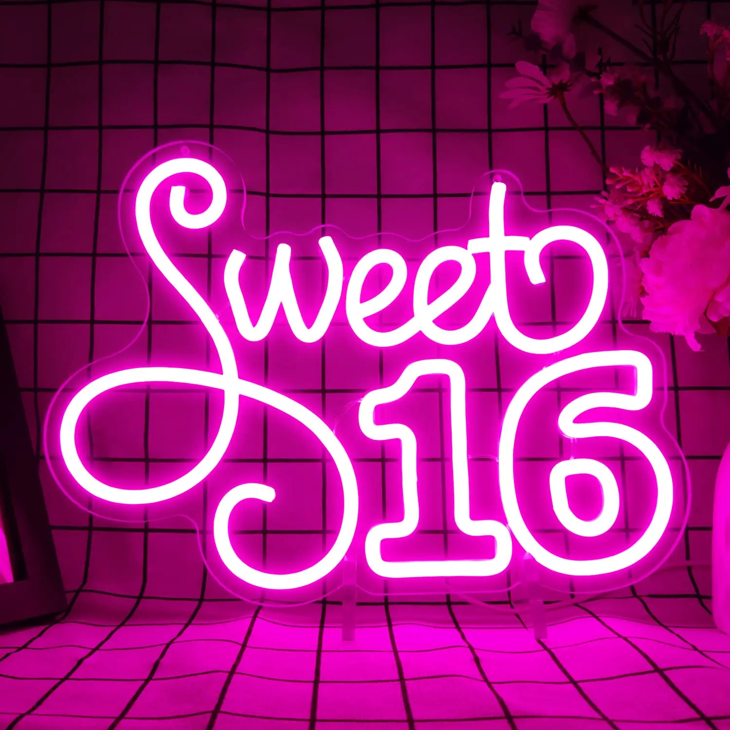 

Sweet 16 Neon Sign, Plastic, Dimmable LED Neon Signage for Wall, Indoor Birthday Decor, Girls Bedroom, Party Gifts
