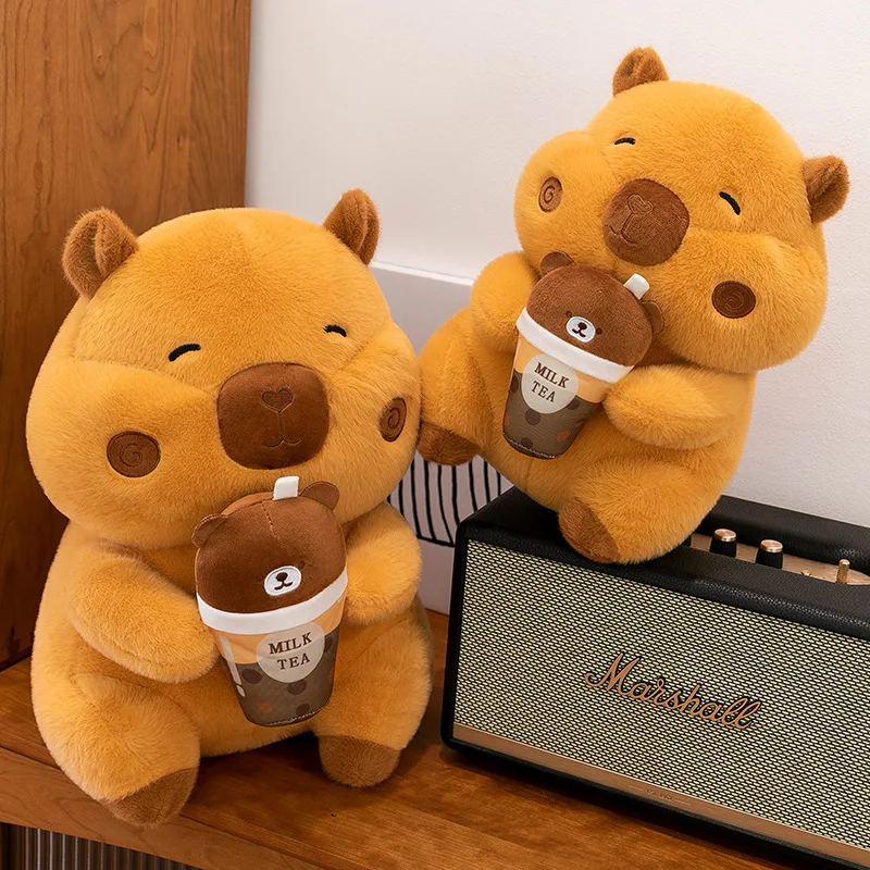 Kawaii Plush Toy Capybara Holding Milk Tea Cup Stuffed Doll Kids Birthday Gift Large Cuddly Animal for Children Sleep Companion