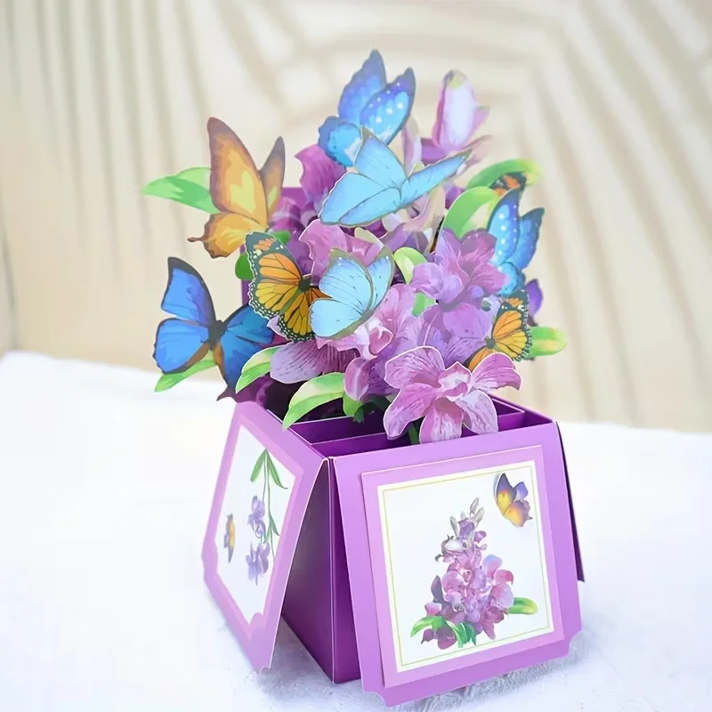 Eine 3D-Pop-Up-Geburtstagskarte mit einem lila Orchideen- und Schmetterlingsdesign, für Freunde, Kinder und ältere Menschen, Eltern, Freunde.