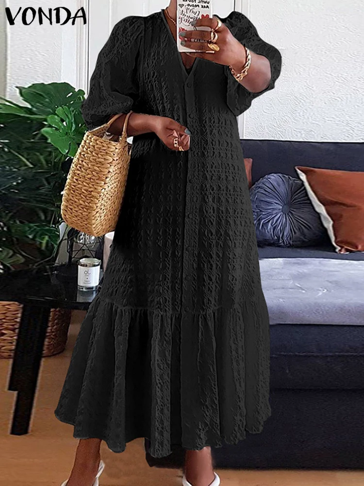 Summer Shirt Dress Women Casual Half Sleeve V Neck Button Down Pleated Long Dresses VONDA Ladies 2023 Bohemian Vestidos  Robe