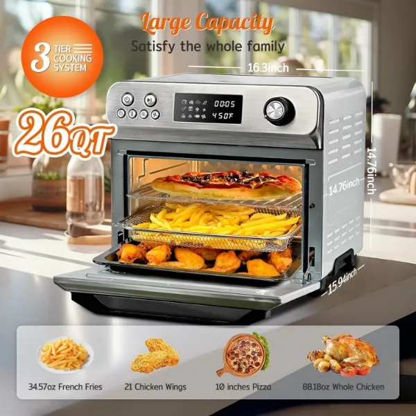 HYSapientia-Ar Fritadeira Forno Combo, Torradeira Grande, Display LED, Controle de Botão, 26Quart, 10 em 1