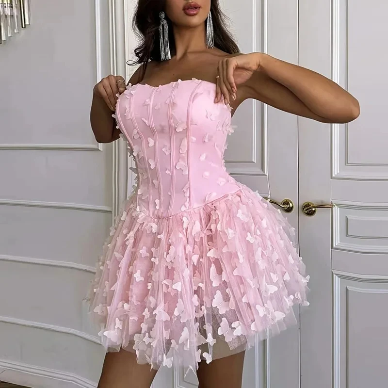 

Strapless Mesh 3D Floral Princess Dress Temperament Elegant Solid Banquet Short Dress Luxury Lady Off Shoulder Pleat Mini Dress