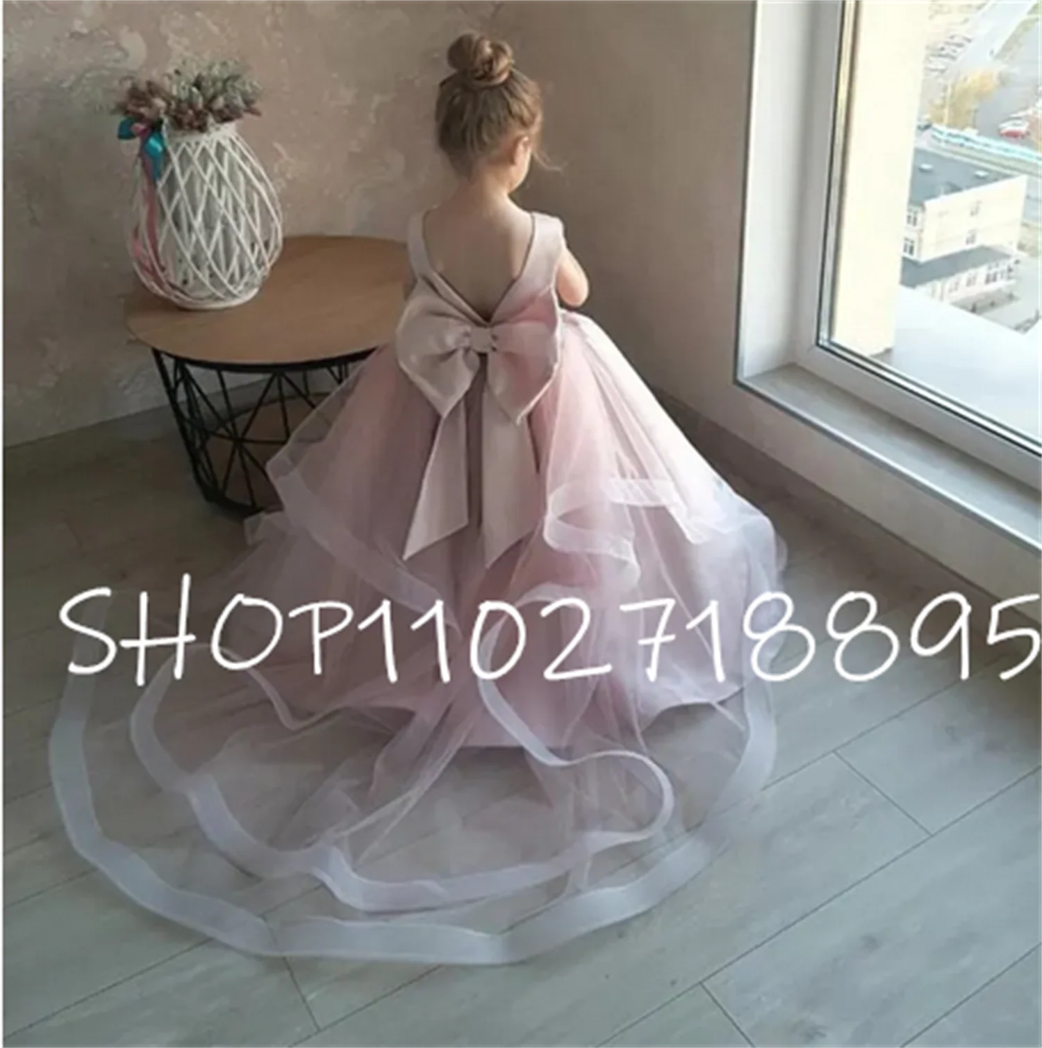 Vestido branco da menina flor com camadas e pérolas de tule, vestido de noiva decote V, primeira comunhão, júnior