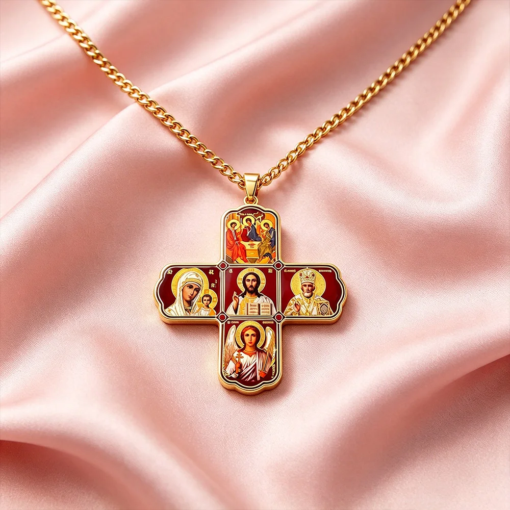 Collar con Colgante de Cruz Ortodoxa HIPEE, Acero Inoxidable, Sagrada Trinidad, Virgen María, San Nicolás, Ángel Guardián, Icono, Amuleto, Joyería