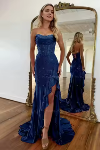 Sparkly Sequins Mermaid Prom Dresses Strapless Long Formal Evening Dress with Slit for Women Customized