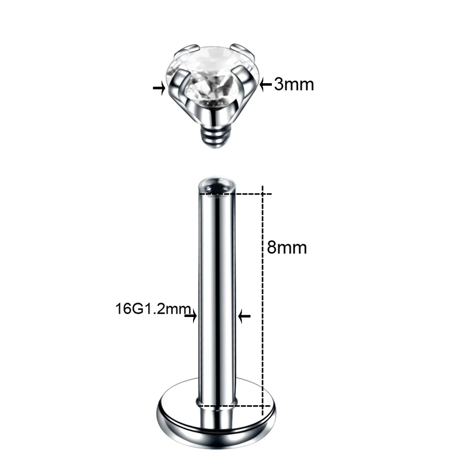 1PC Steel Prong Gem Lip Monore Rings Internally Thread Labret Stud Rings Crystal Ear Cartilage Tragus Helix Piercing Jewelry 16G image 2