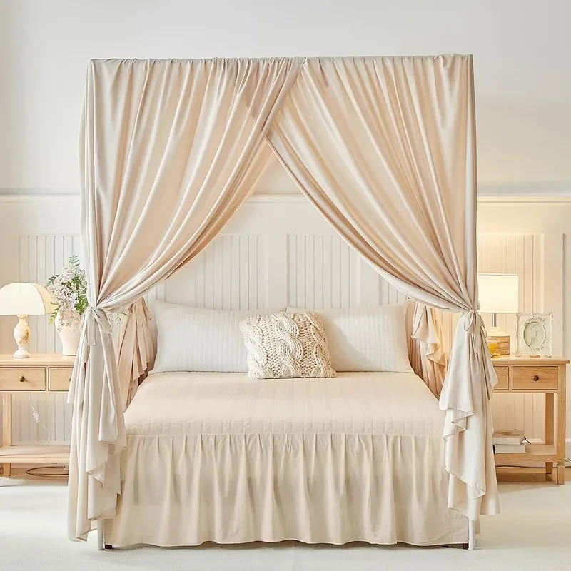 Canopy Bed Curtains 4 Corners Post Ruffle Princess Bed Canopy Elegant Cozy Drape Netting 4 Opening Mosquito Net for Bedroom