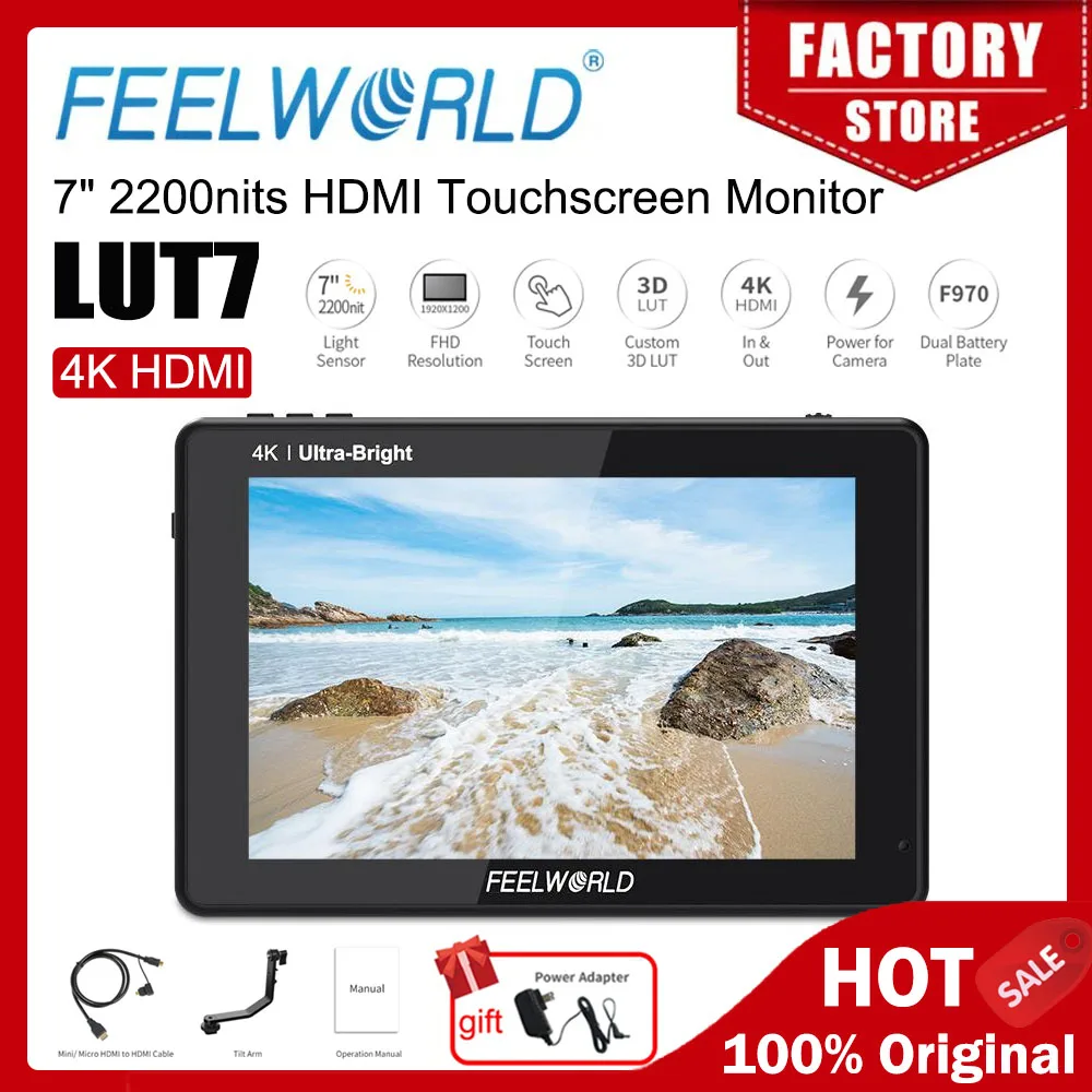 FEELWORLD LUT7 7 inch 2200nits 3D LUT Touch Screen Field Monitor 4K HDMI Full HD 1920x1200 IPS Monitor for DSLR Cameras Video