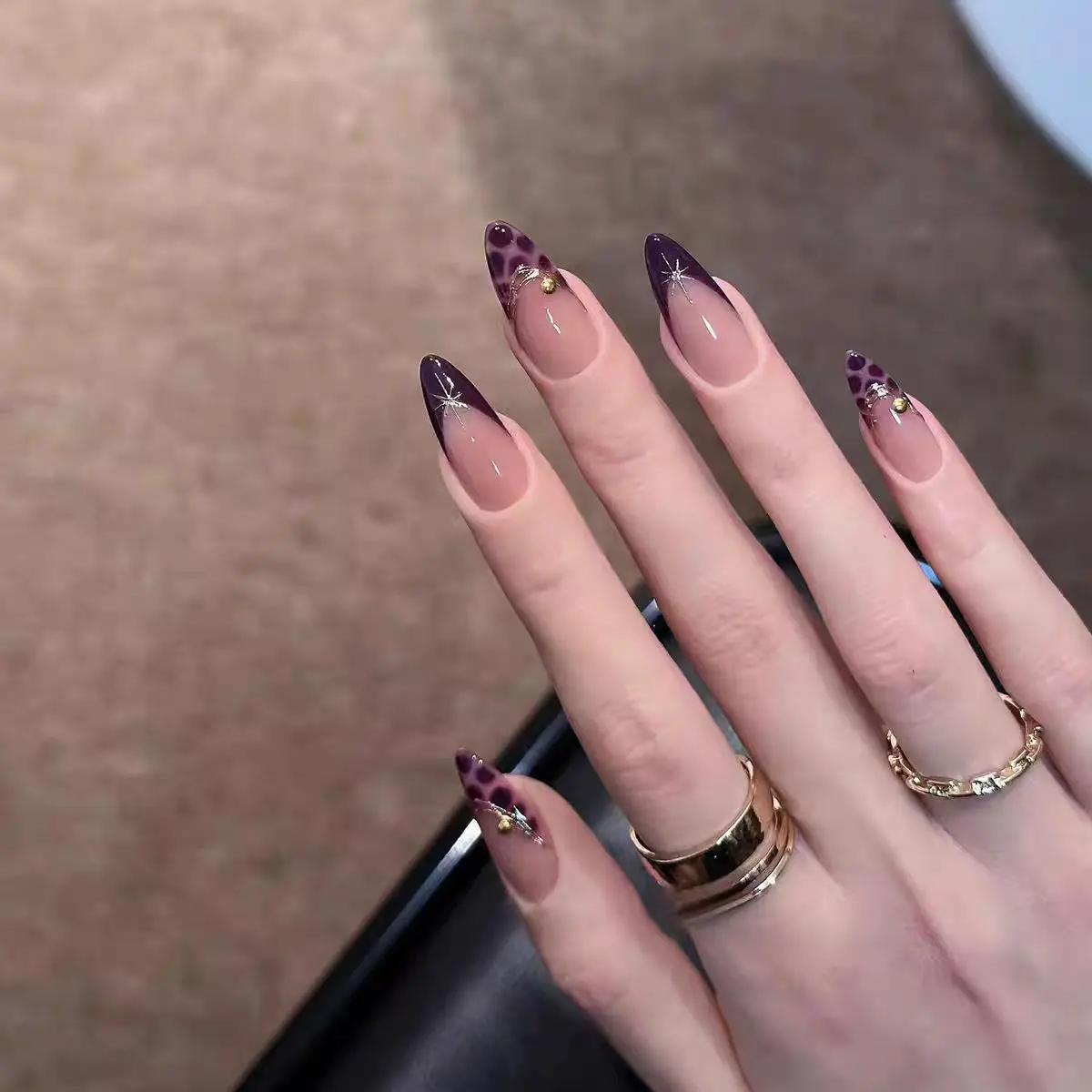 10pcs Handmade Almond Press On Nails Purple Leopard Print French Star Design Sweet Cool Fake Nails Wearable Nails Art Spice Girl