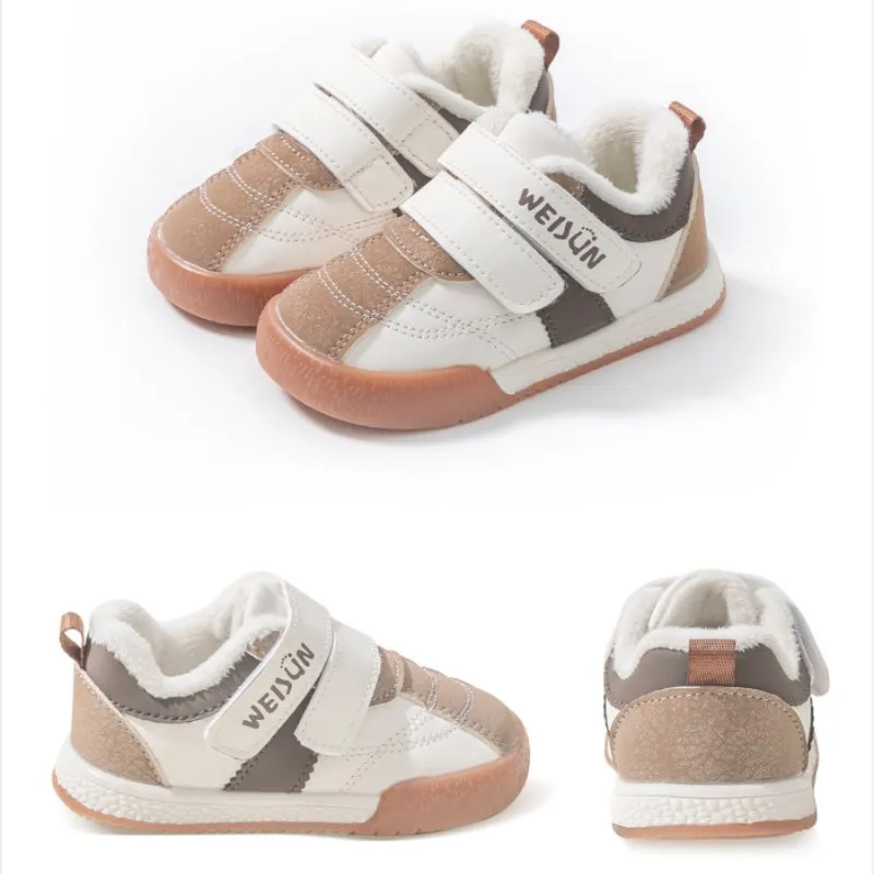 2026 Winter New Baby PU Leather Walking Shoes Girls Casual Cotton Shoes With Anti Slip Fleece Boys Sports Running Shoes 16-26