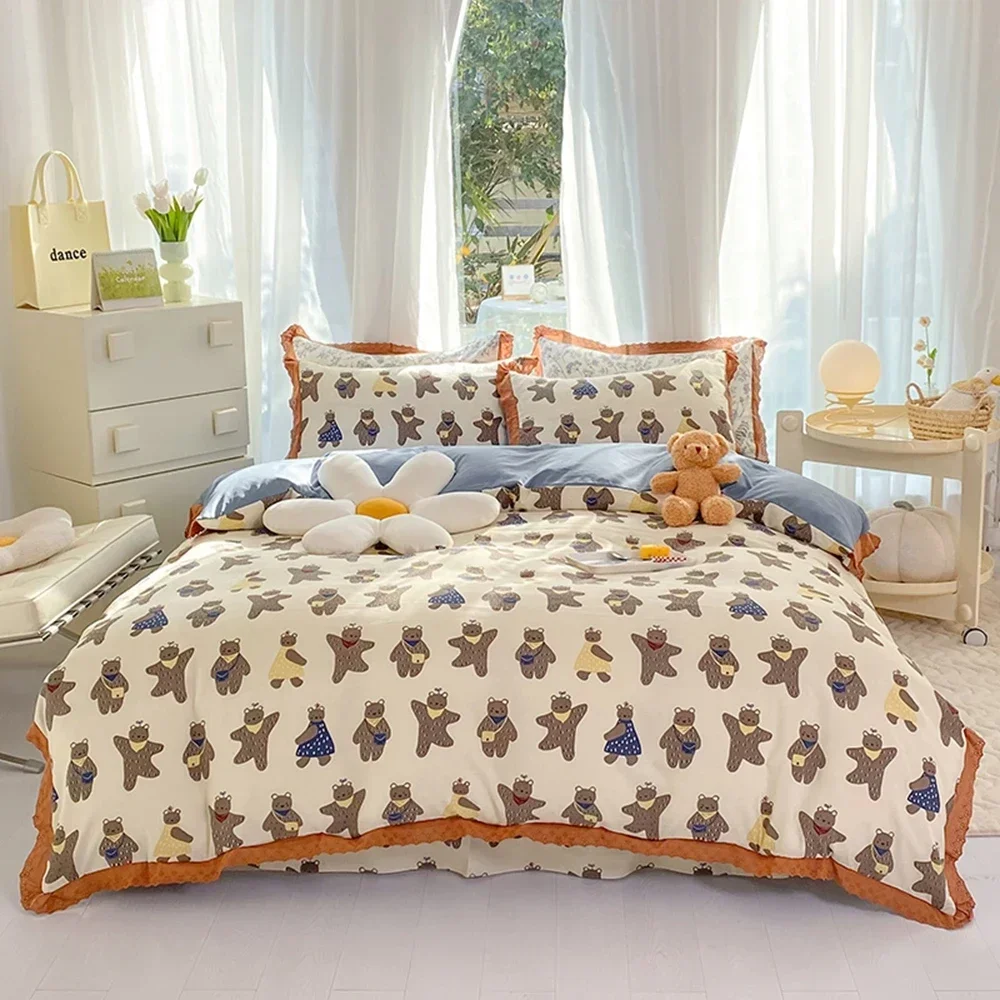 

Washed Cotton Bedding Set Home Textiles Duvet Cover Set Soft Quilt Cover Bed Sheet Pillowcase King Queen Size French Bed Linen