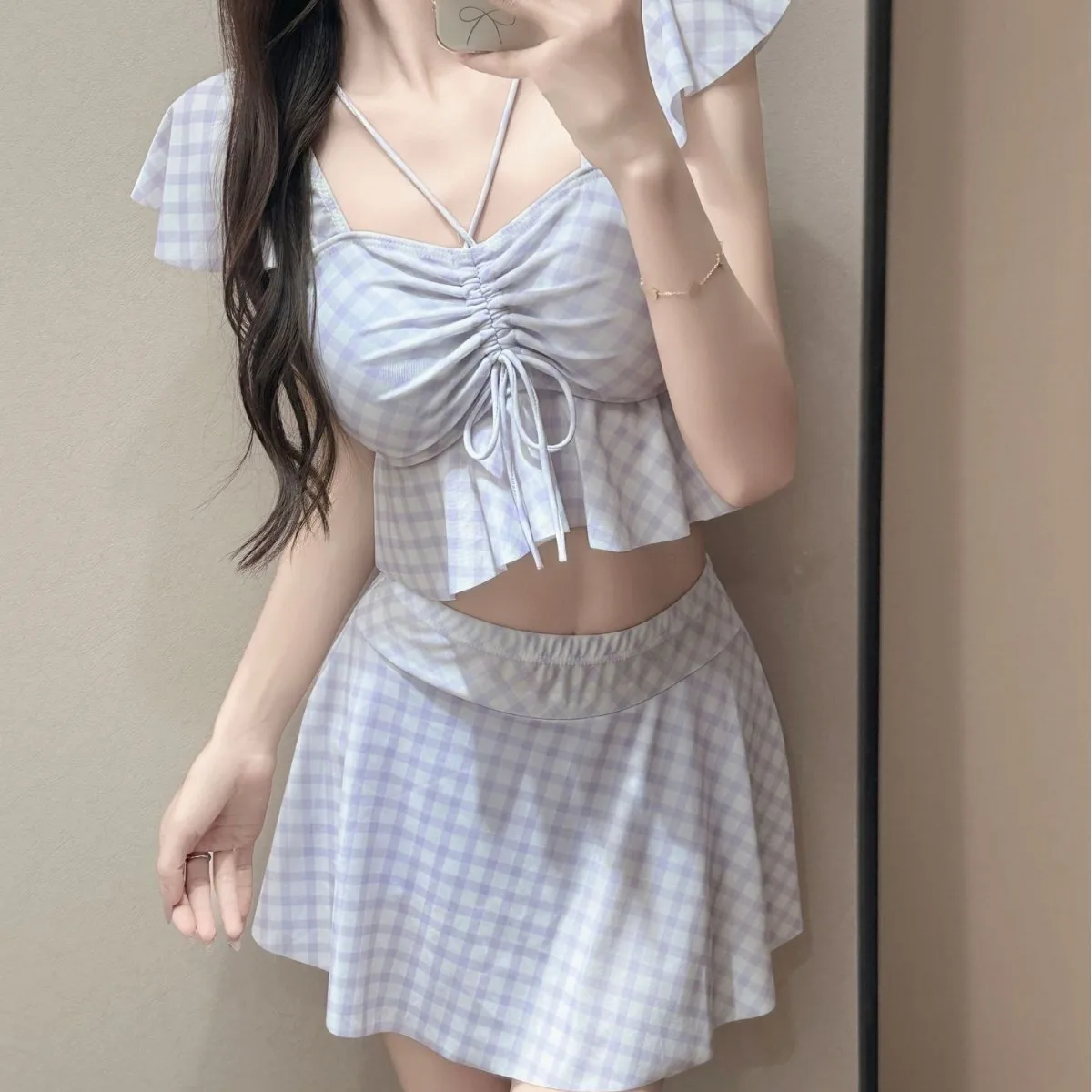 2026 new drawstring sling hanging neck to cover the meat and show thinness, conservative two-piece set, girl beautiful hot sprin