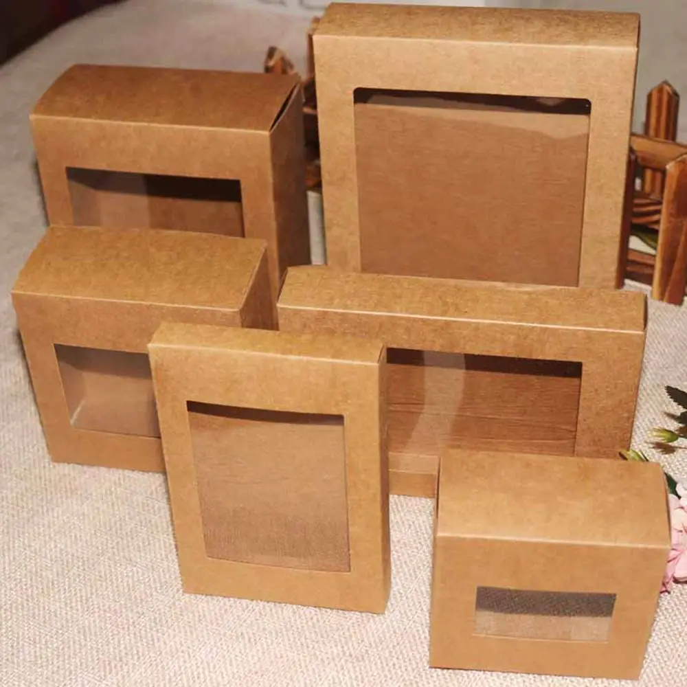 10 Stück heiße DIY Vintage Farbe Kraft papier Geschenk box Paket mit klaren PVC-Fenster Süßigkeiten begünstigt Kunst & Kraft Display Paket Box