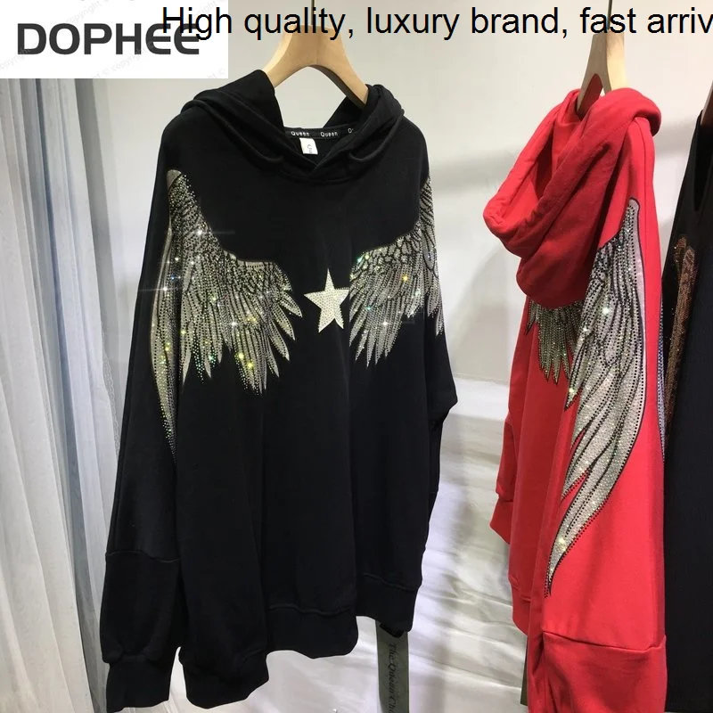 

Hot Drilling Luxury Wings Women Sweatshirts 2023 New Autumn Winter Hooded Pullovers Top Streetwear Long Sleeve Loose Hoodies