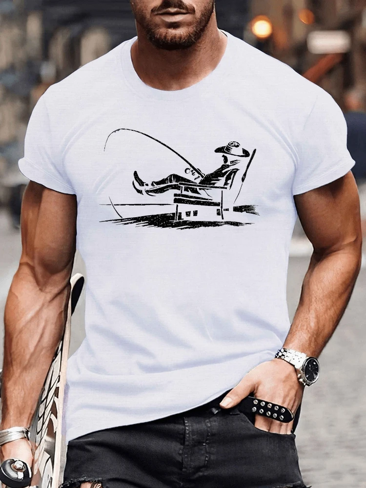 

Big & Tall with Fishing Rod Graphic design -100% cotton summer O-neck short sleeve casual printed T-shirt.