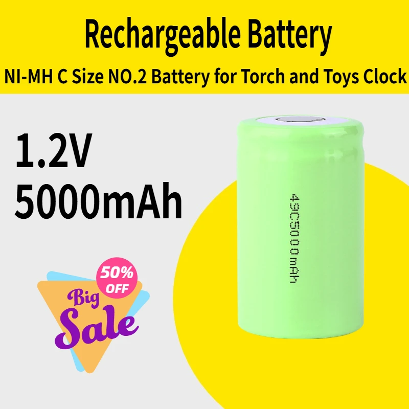 

5000mAh 1.2V Rechargeable Battery Pack NI-MH C Size NO.2 Battery with Flashlight Pins Tabs for Torch and Toys Clock