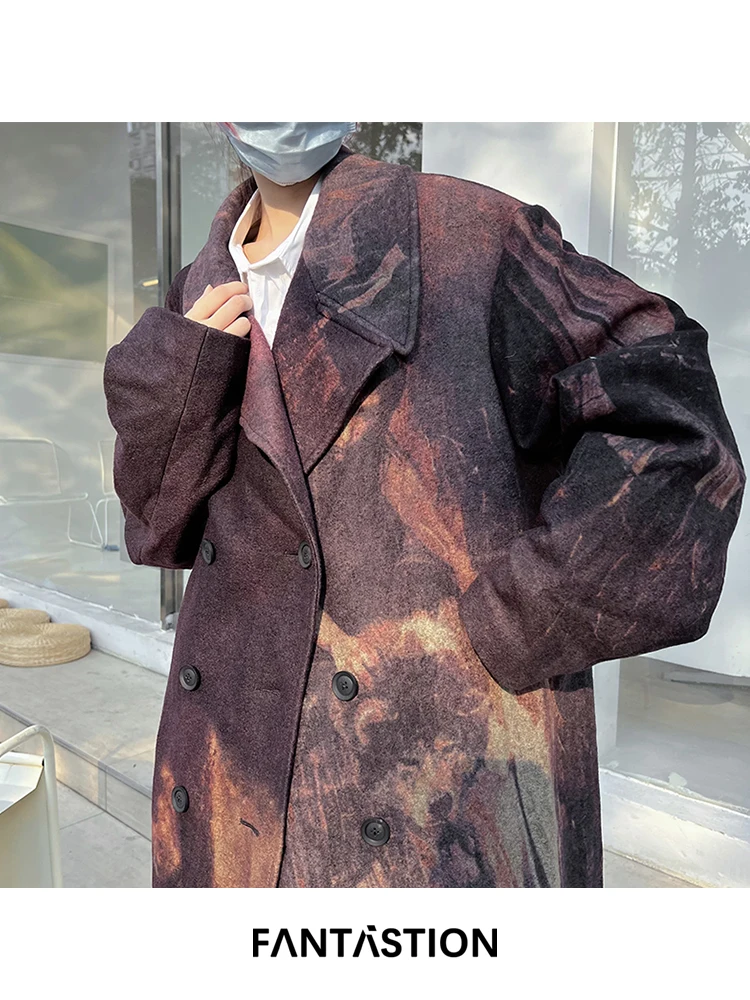 FANTASTION Original design Oil-painted style woolen overcoat autumn and winter unisex loose oversized Minimalist style tops