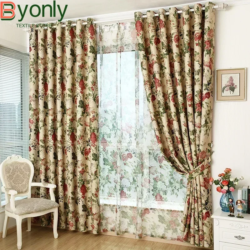 

Beige Peony Flowers Printed Curtains for Living Room Bedroom French Window Finished Partition Curtain Home Decoration