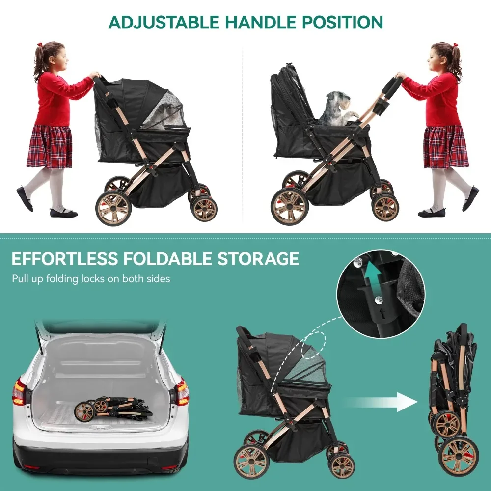 Foldable Pet Stroller para cães médios pequenos, versão atualizada com quarto maior, rotação de 360 °