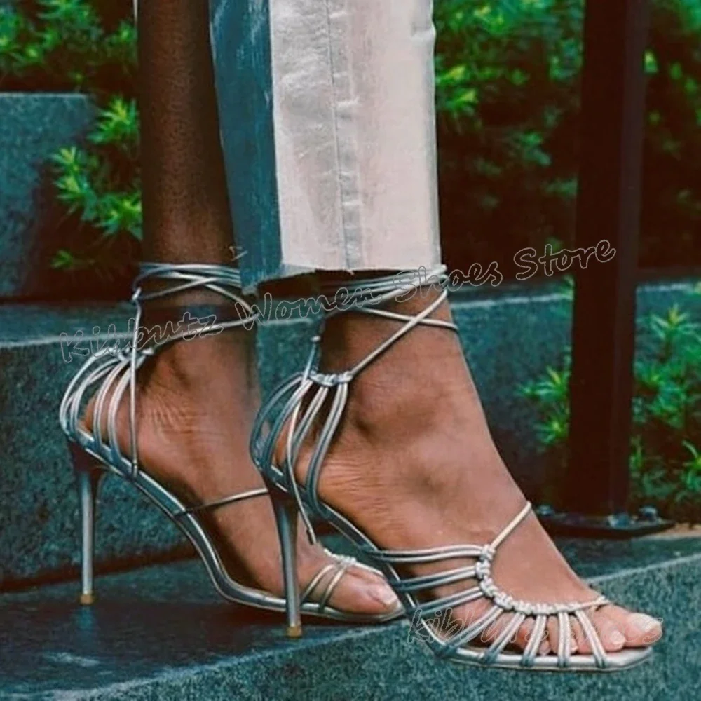 Rome Lace-Up Sandals Hollow Leather Solid Color Fashion Concise Sexy Elegant Luxury Women Shoes Square Toe Thin Heels Customize