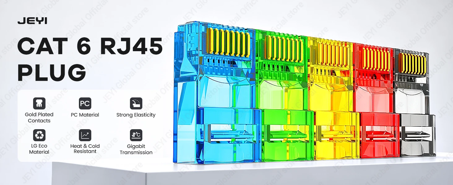 JEYI RJ45 Cat6 Durchgangsverbinder in verschiedenen Farben, einfach zu crimpen, modular für massives oder verseiltes UTP-Netzwerkkabel, 100/50/10 Stück – Detail 1
