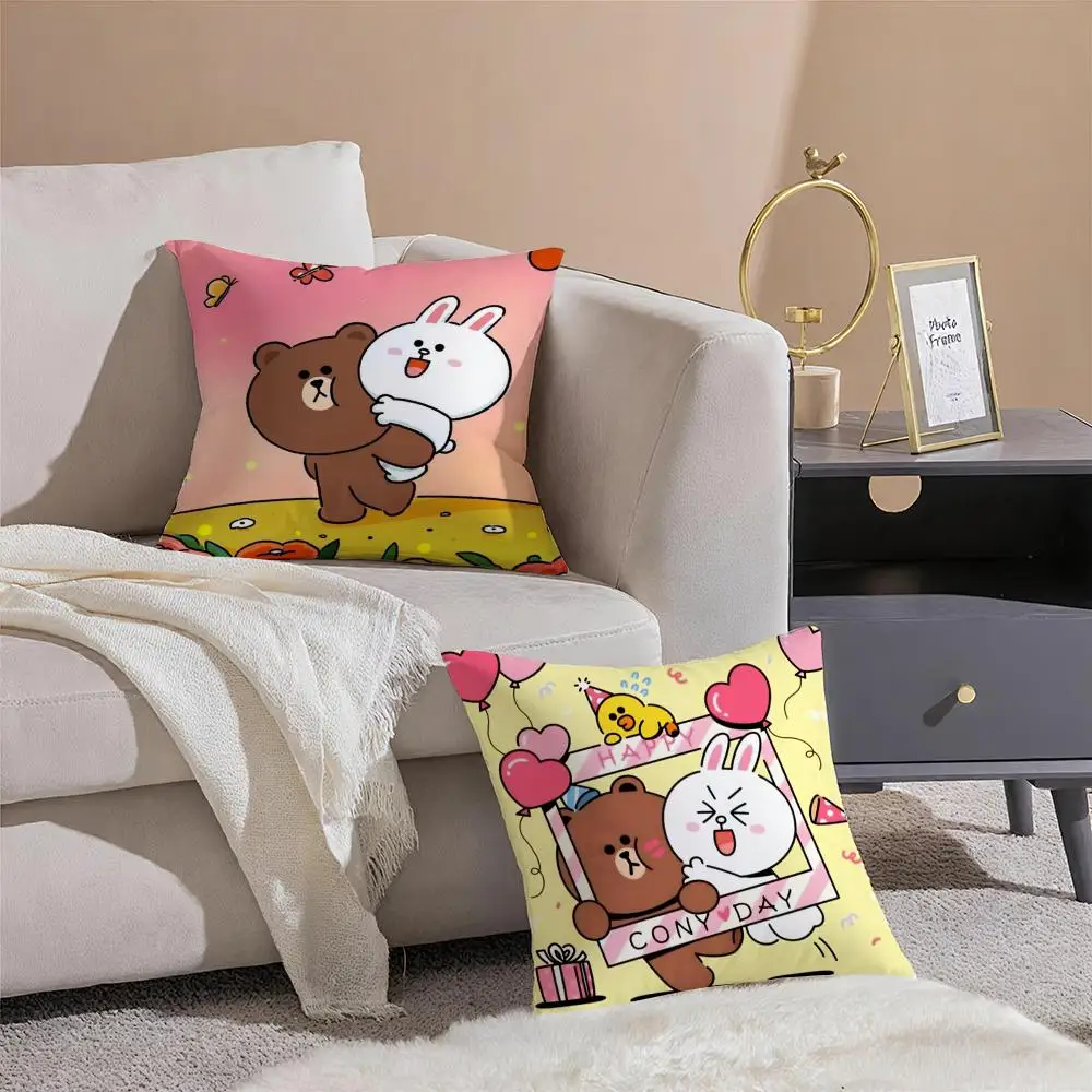 B-Brown Bear and Cony Cushion Cover Linen Pillowcase Cover Soft Decor for Sofa Home Room