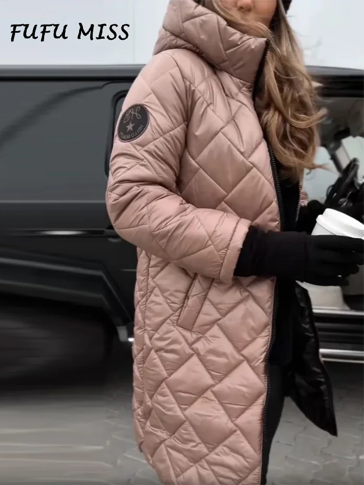 

Casual Plaid Hooded Midi Padded Coat Women Warm Full Sleeves Zipper Pockets Overcoat 2025 New Autumn Winter Ladies Solid Outwear