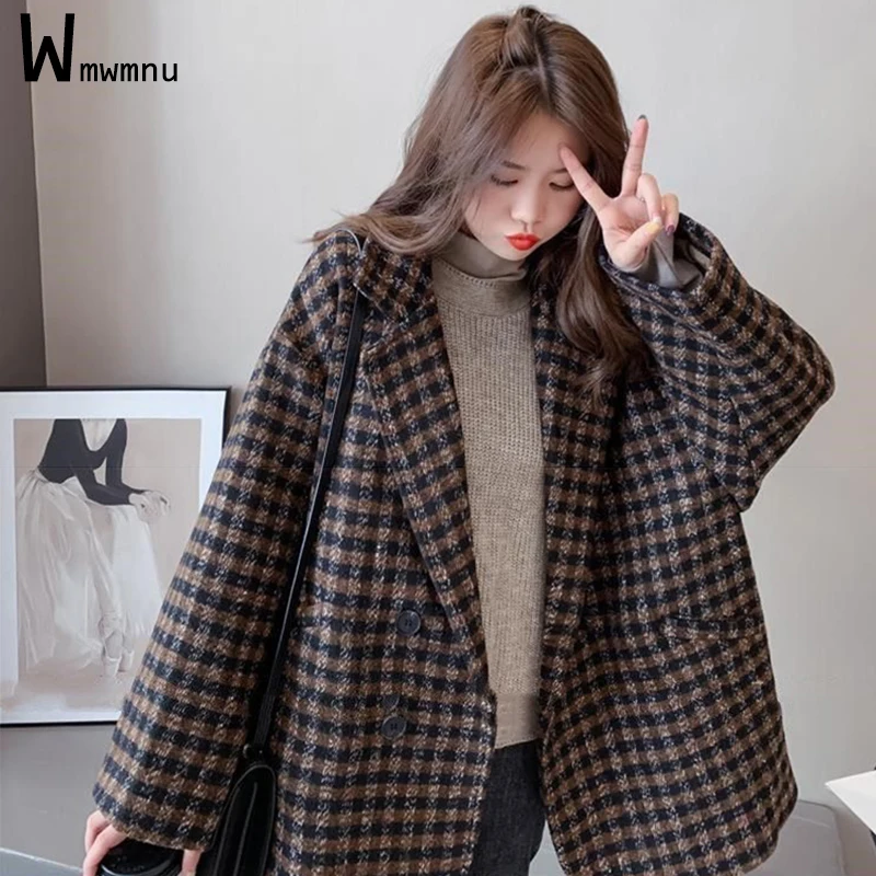 

Woolen Plaid Women Vintage Blazer Autumn Thick Oversized 75KG Single Breasted Suit Coats 2022 New Offlce Lady Casual Outwears