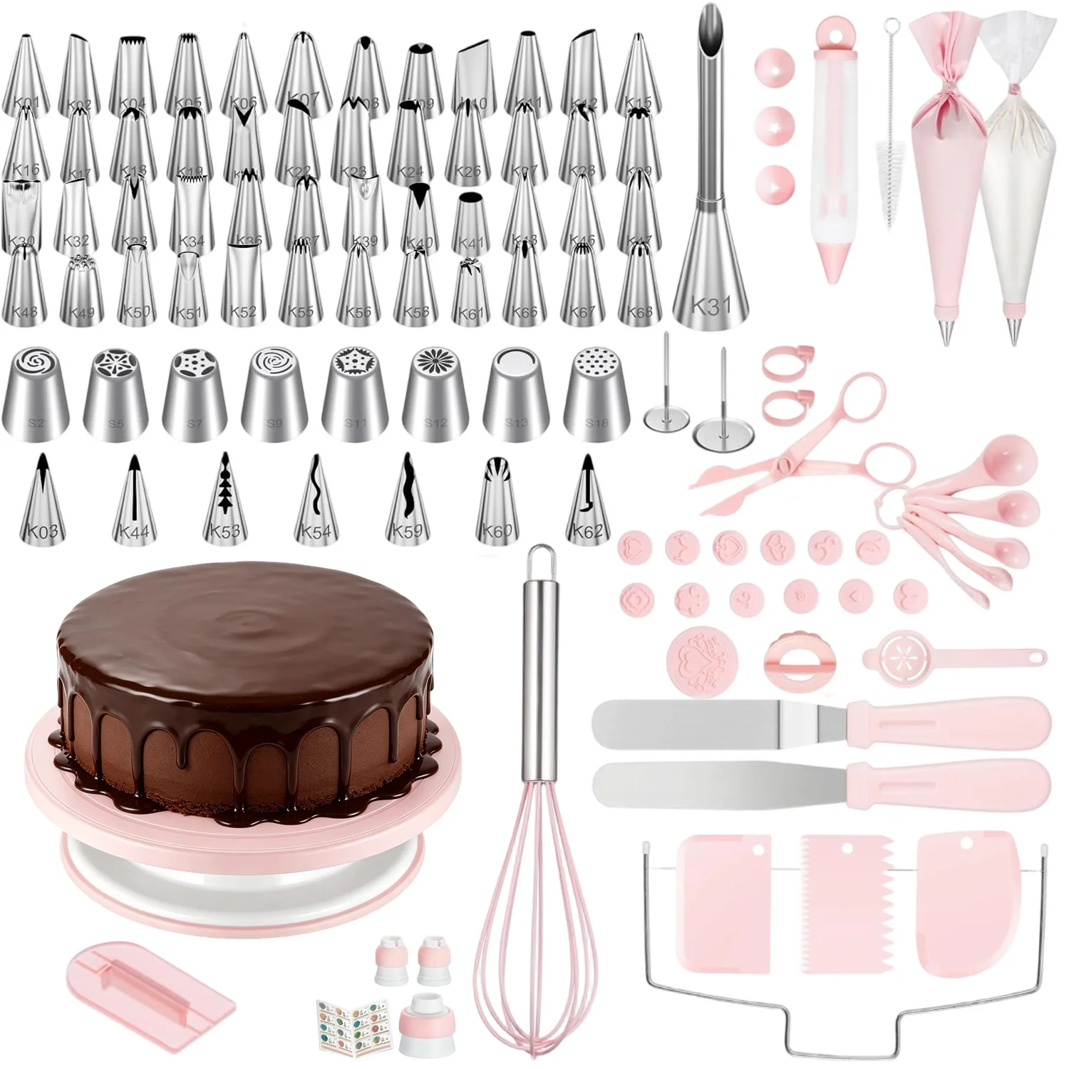 137-teiliges Kuchendekorations-Set mit Fondant-Werkzeugen, drehbarer Drehscheibe, Edelstahl-Spritztüllen, Spateln und Backzubehör für die Herstellung von Kuchen, Torten, Desserts und Gebäck.