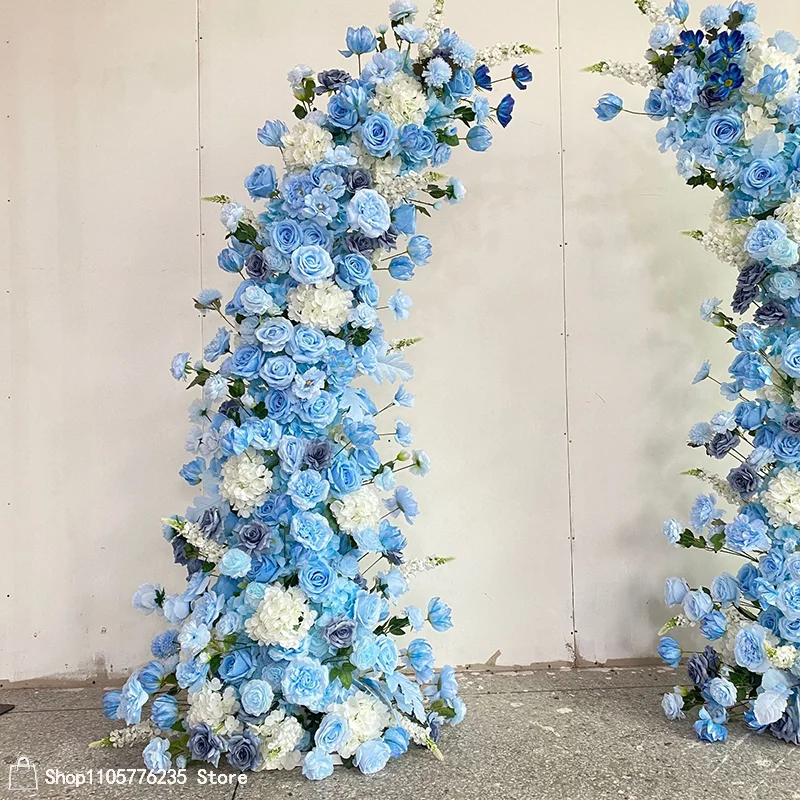 Blaues Künstliches Blumen-Mond-Ochsenhorn-Bogen-Arrangement mit Rosen, Luxuriöser Hochzeits-Hintergrundrahmen, Dekoration für Strand, Outdoor-Zeremonien und Partys – Detail 3