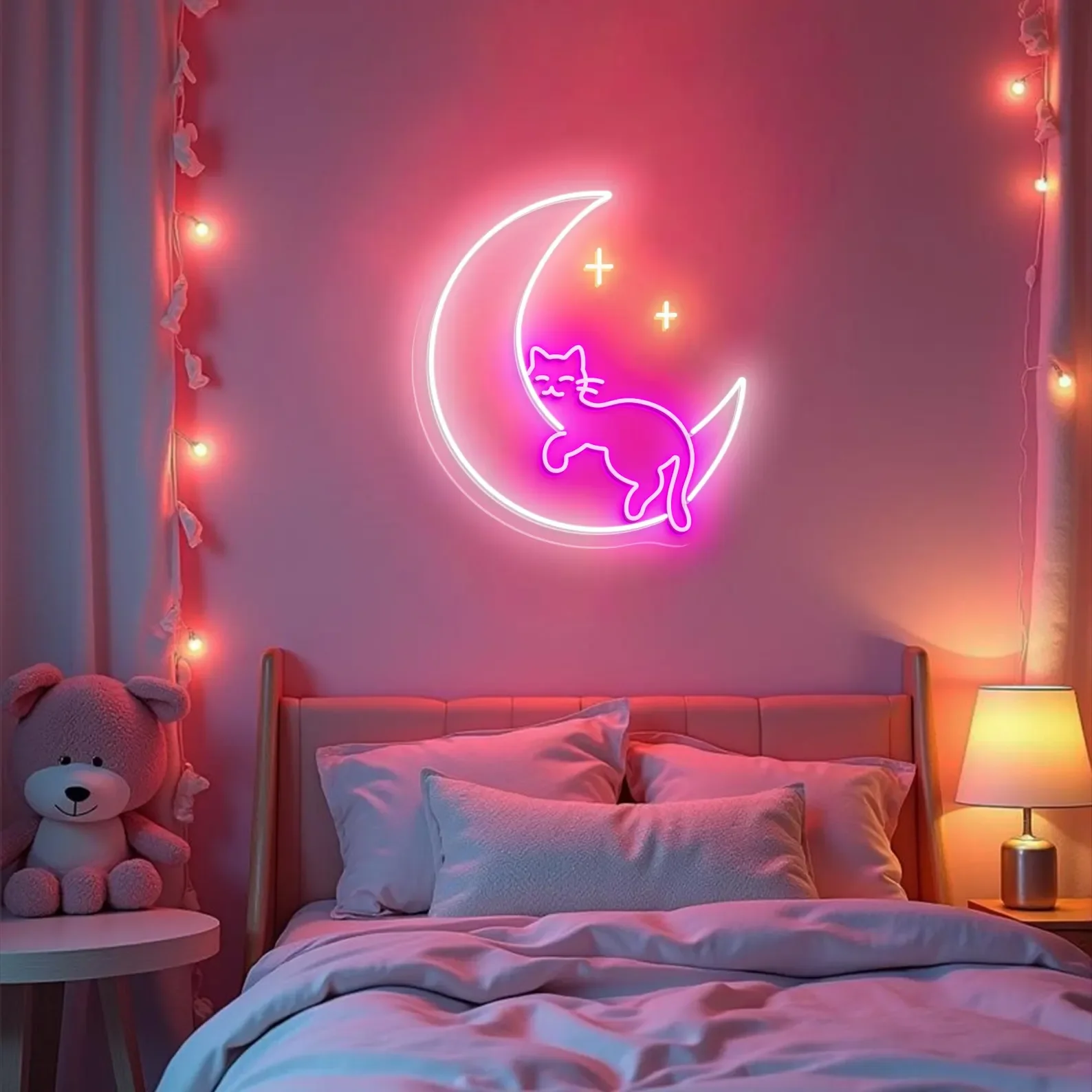 

Неоновая вывеска Cat Moon, неоновая вывеска «Спящий кот на луне», Небесный декор для спальни, настенное искусство с милым котом, подарок для любителя кошек, кавайный декор
