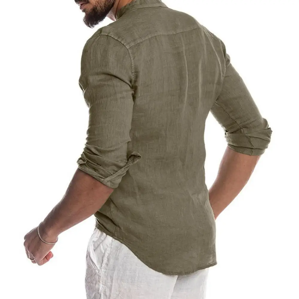 Camisas de playa de algodón y lino para hombre, camisa de manga larga, de Color sólido, con cuello levantado, informal, cárdigan, camisas masculinas