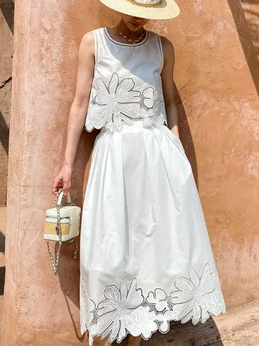 

Korean Design Embroidered Floral Vest irt Women's Summer New High Waist Pleated Skirt Set Ele Faionable Outfit