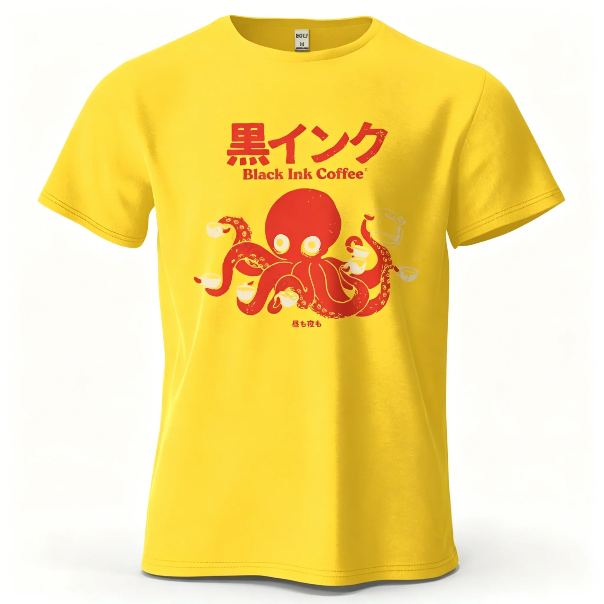 Unisex Octopus Coffee "Black Ink Coffee" T-Shirt mit japanischer Textgrafik, lässig, Rundhalsausschnitt, kurze Ärmel, lockere Passform, Baumwolle, Streetwear – Detail 19