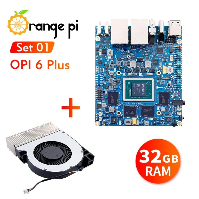 

Orange Pi 6 Plus+Cooler 32GB DDR5 CIX SoC Single Board Computer M2 NVME SSD 45TOPS NPU Mini PC Run Linux/Android/Windows/ROS2 OS