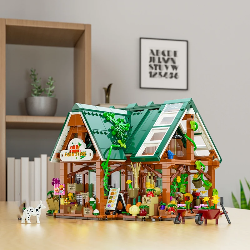 1523PCS Agricultural Product Store Building Blocks Light Street View House Model ​with 3 Figures Idea Puzzle Toys Christmas Gift