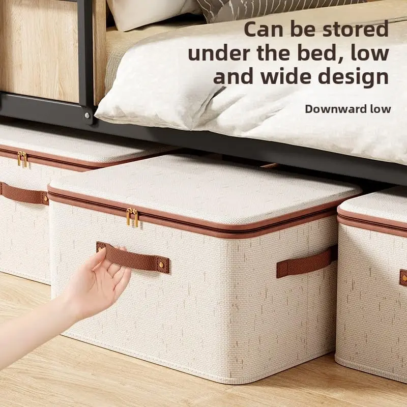Sscehopp Zippered Lid Cotton Linen Storage Box Foldable Washable Closet Rack Clothes Organizing Box with PU Leather Handle