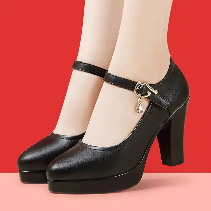 9cm Comfortable Fashion Soft Leather Mary Janes Women's Platform Shoes 2023 Fall Block High Heels Pumps Office Mom Dance Model