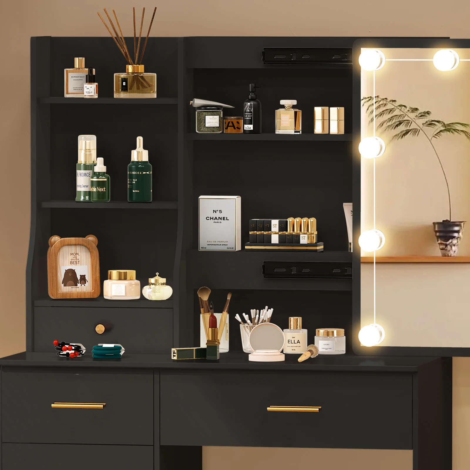 طقم طاولة تزيين مع كرسي مبطن بمرآة مكون من 6 أدراج للمكياج وغرفة النوم #4