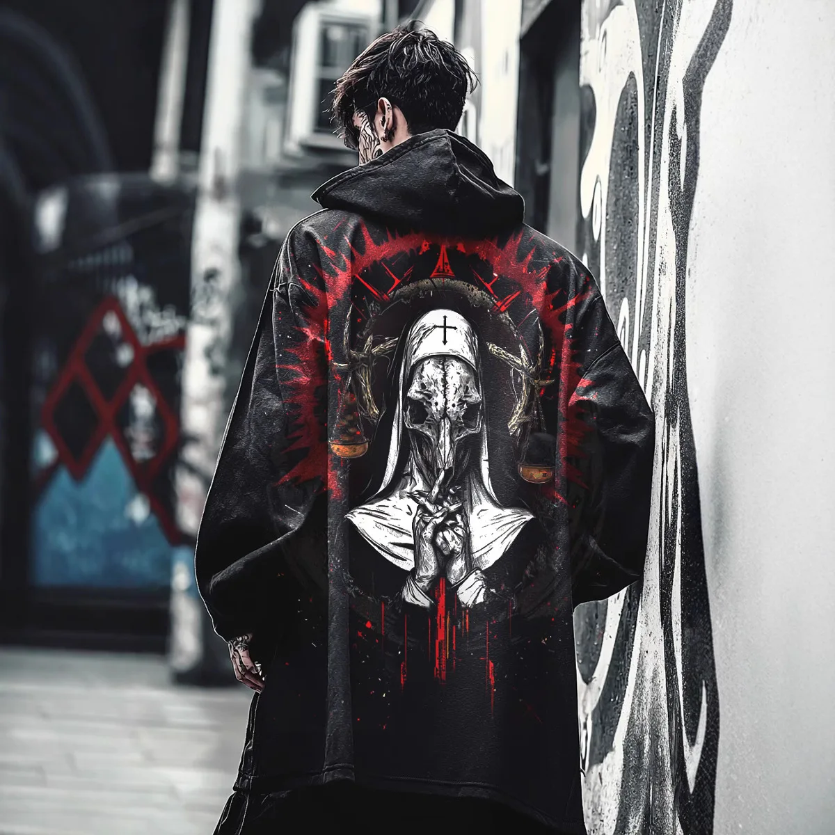 

Hip Hop Abstract Pattern Printing Hooded Cardigan Jacket Men Autumn Long sleeve Hoodie Vintage Windbreaker Halloween Streetwear
