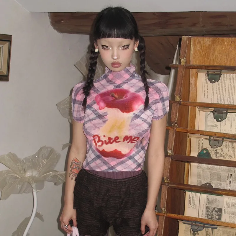 Karrram Japanese Y2k Apple Print T-shirt Trashy 2000s Pleated Short Sleeve T Shirts Vintage Harajuku Crop Top American Retro 90s