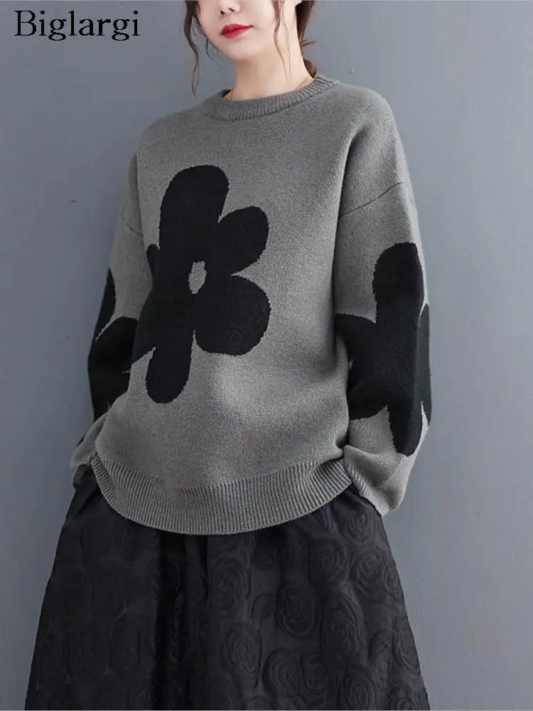

Oversized Knitted Autumn Pullover Flower Print Sweater Tops Women Fashion Casual Ladies Sweaters Long Sleeve Woman Sweater