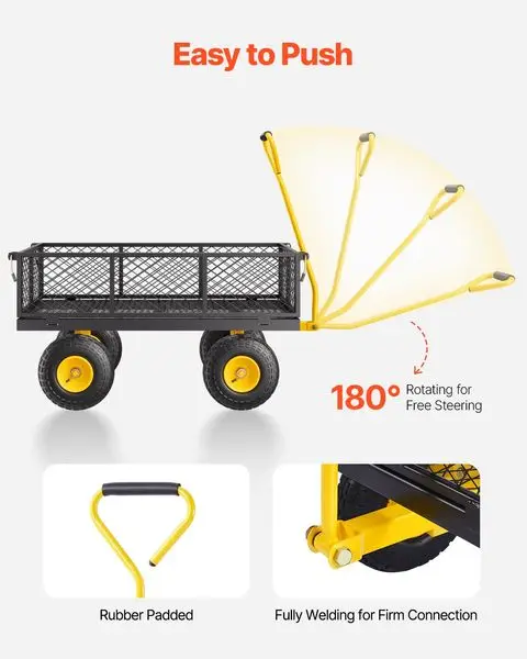 عربة حديقة فولاذية شديدة التحمل بوزن 900 رطل من VEVOR، عربة عربة حديقة على عجلات، عربات أدوات معدنية خارجية مع إطارات مقاس 10 بوصات أ