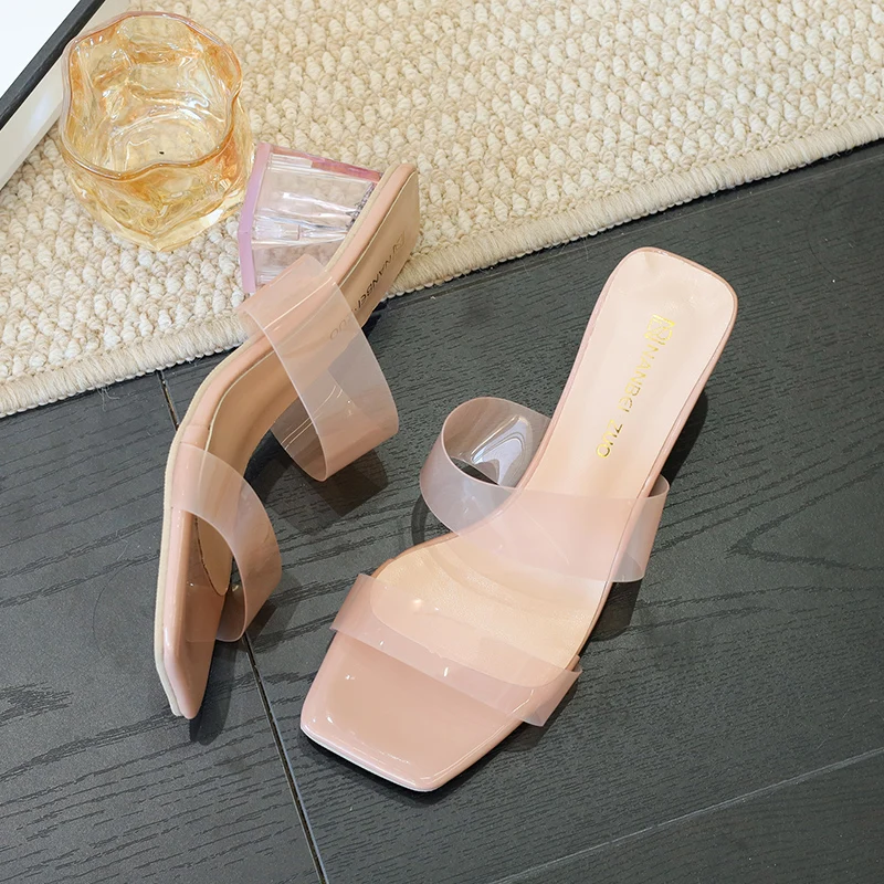 Pink Transparent High Heels Sexy Women's Slippers Fashion Crystal Rhinester Ladies Sandals Open Toe Shoes Thick Heel Mule