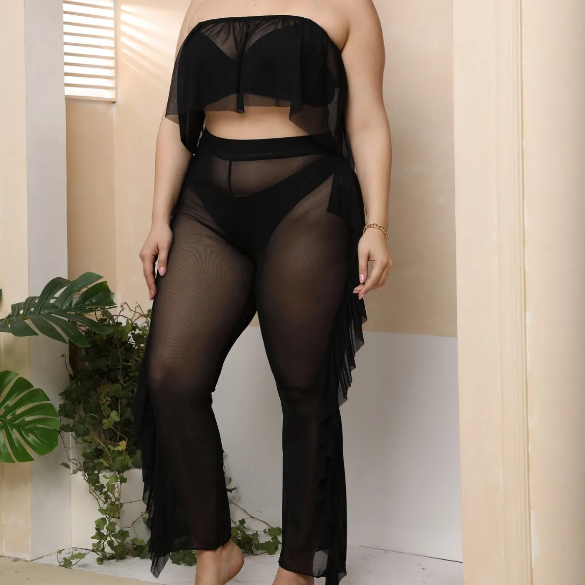 Conjunto de dos piezas de malla transparente para mujer, Top de corpiño femenino, pantalones con volantes, playa, vacaciones en la playa, Sexy, talla grande