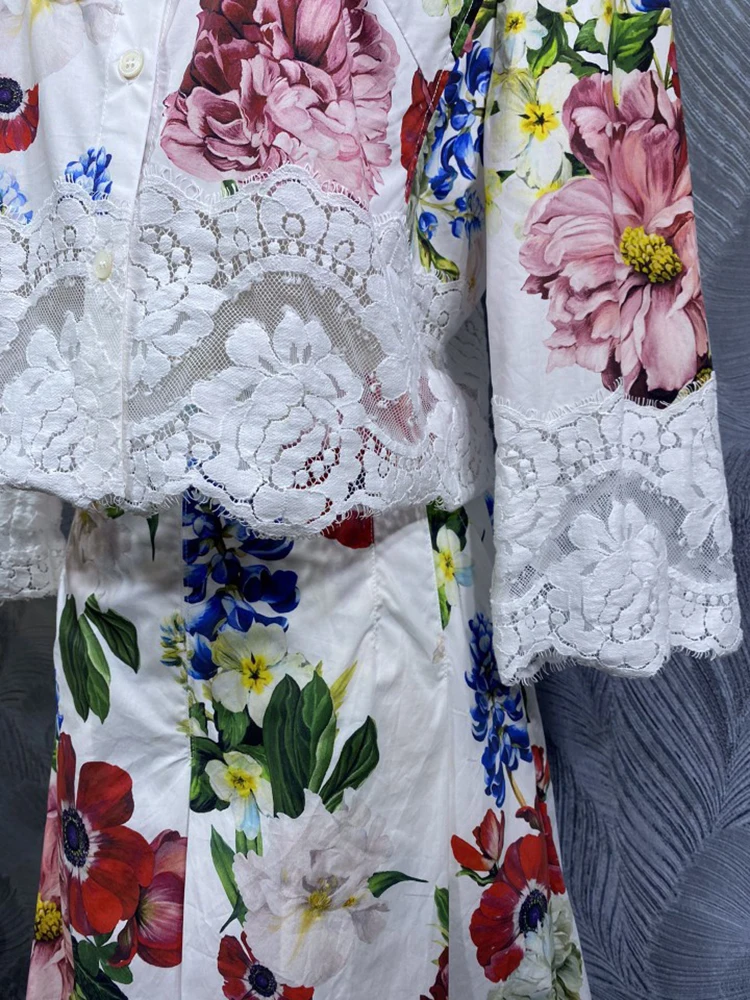 DLDENGHAN Setelan Katun Gambar Bunga untuk Wanita Atasan Kancing Sebaris Tambal Sulam Renda + Celana Pendek Set 2 Potong Antik Mode Musim Panas Baru