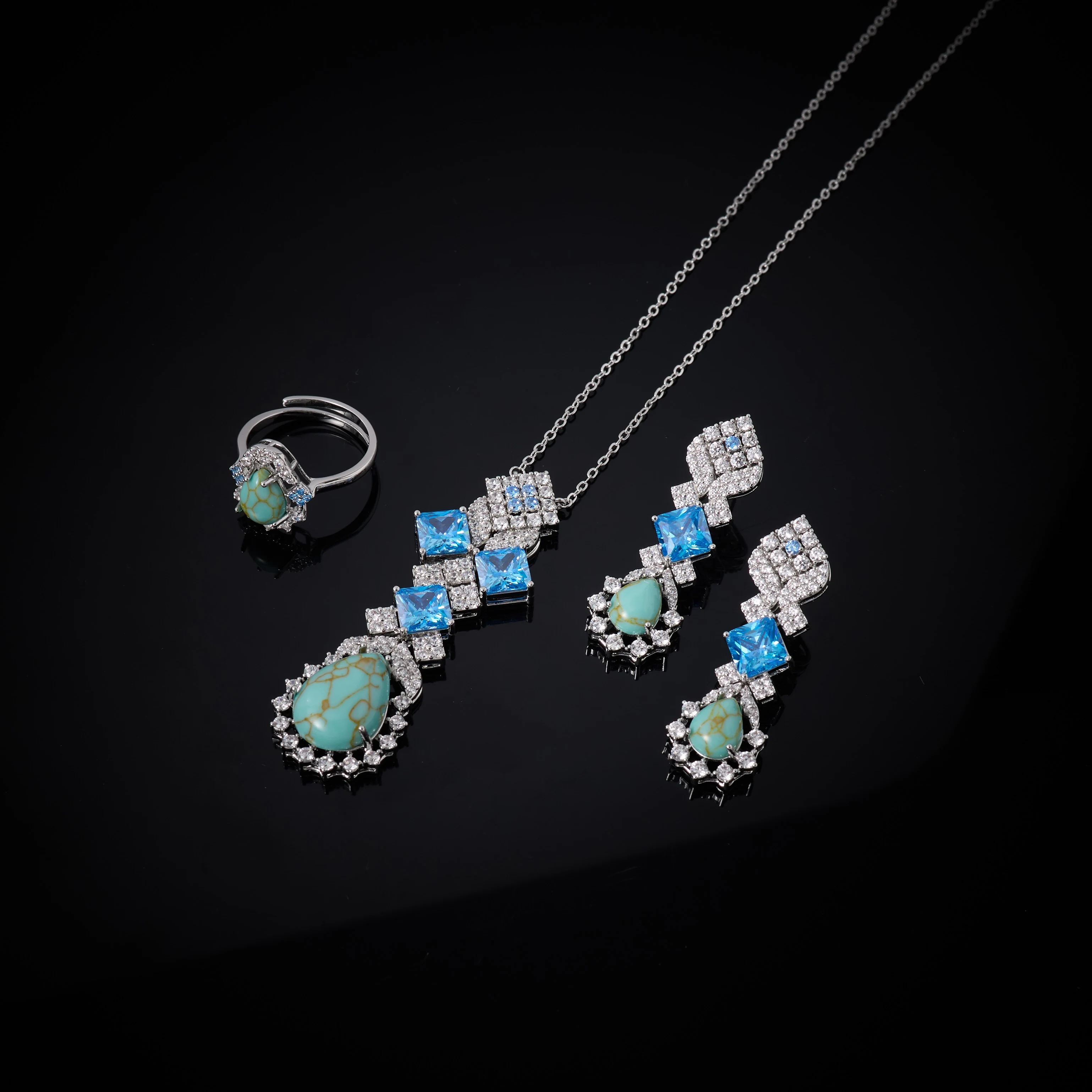 00019 Trendy Jewelery Set for Women Turquoi Necklace Set Cubic Zirconia Necklace /Earrings /Ring Bridal Party Accessory