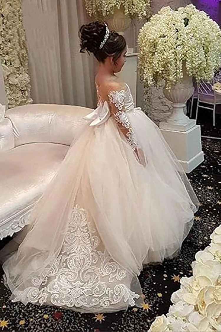 Flower Girl Dress with Lace Embroidery and Tulle Long Sleeves Children's Trailing Train Gown