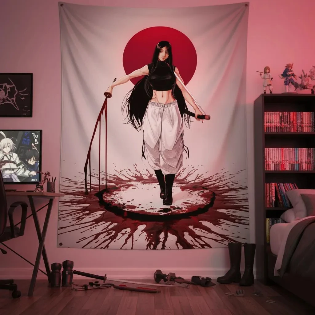 Dark Goth Samurai Tapestry, Female Warrior Wall Hanging, Red Circle Blood Art, Japanese Style Katana Decor, Goth Room Decor